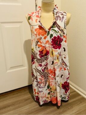 Cupio Linen Blend Floral Sleeveless Dress Ruffle V-Neck Side Pockets L